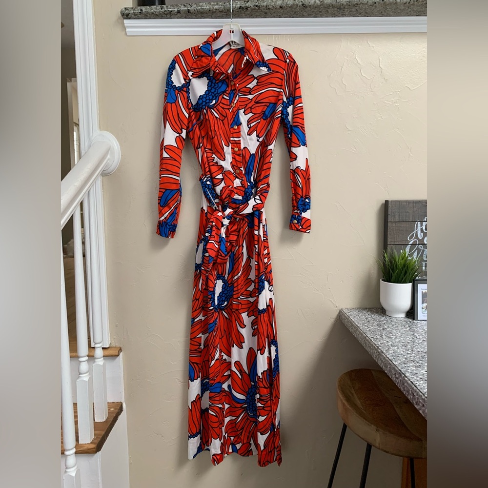 The Willroy Traveller Floral Maxi Shirt Dress 12 Art to Wear Orange Blue Retro